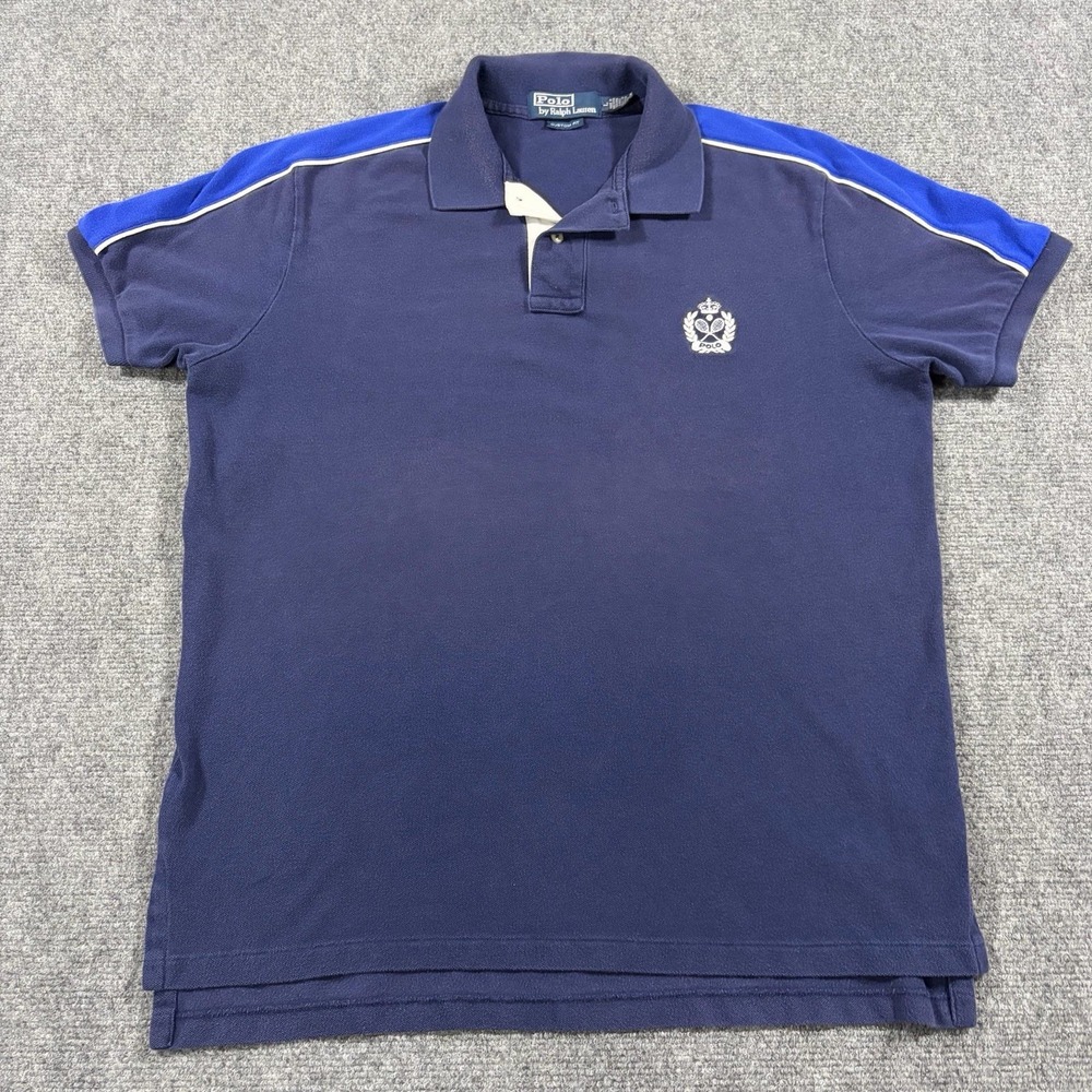 Polo Ralph Lauren Tennis Crest Polo Shirt Mens Large Blue 90s Embroidered Fade